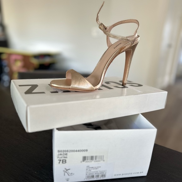 Schutz Gold Jade Ankle Strap Peep Toe Stilleto Heel, Size 7, 4” heel. - Picture 2 of 5